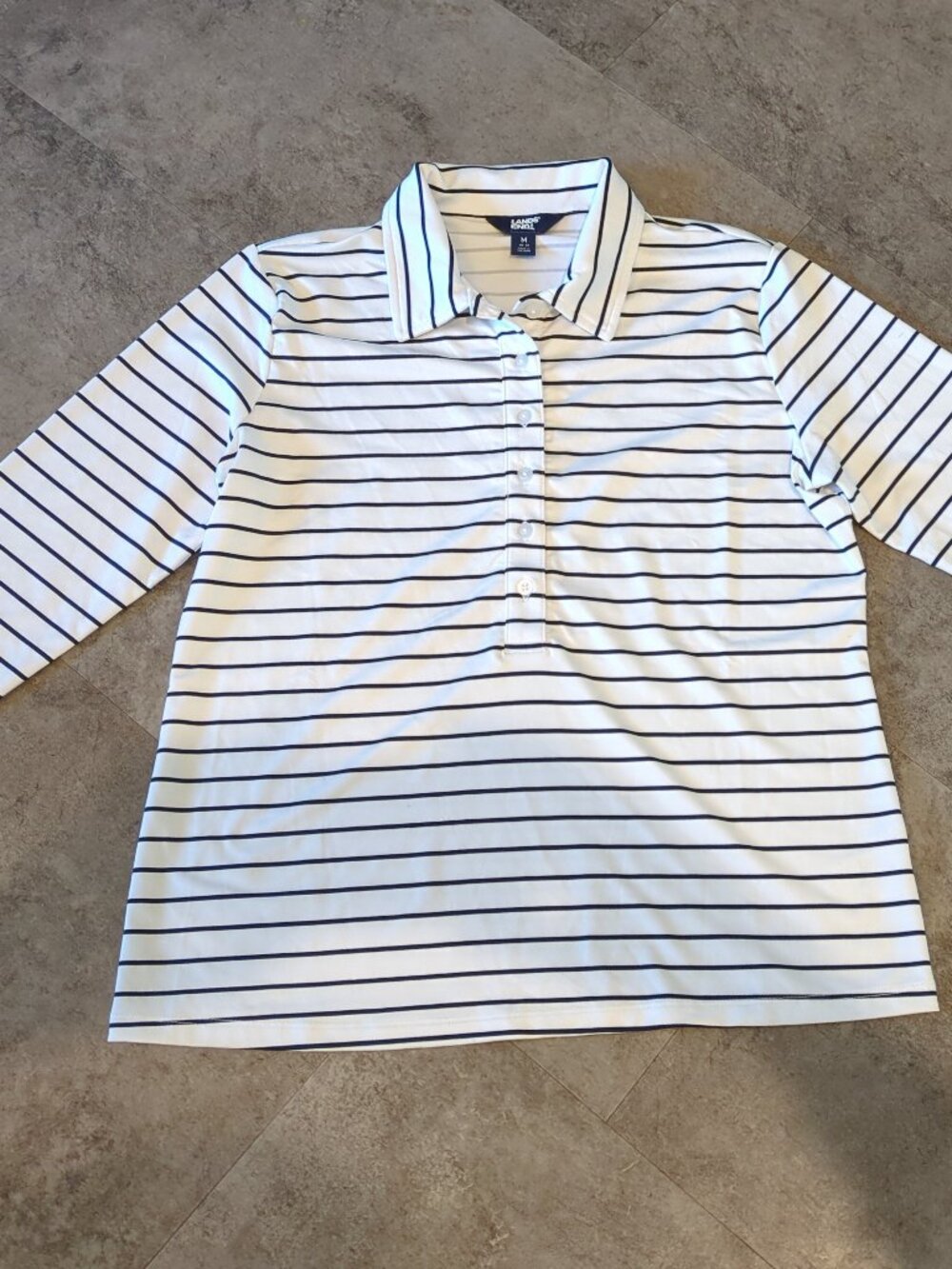 Land's End White Navy Striped Long Sleeve Polo